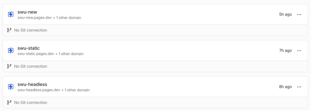 Cloudflare's Workers and Pages list showing the projects for the rewrite, the frozen copy and the editor-stays version